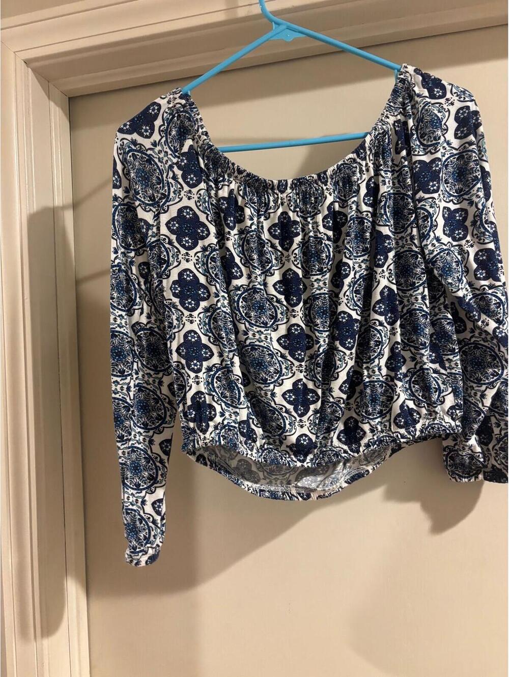 Blue & White Boho Peasant Crop Top H&M Size L - Picture 6 of 6